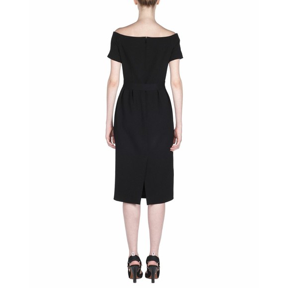 FENDI Roma Black Off Shoulder Crepe Wool Pleated Waist Midi LBD Dress 42 6US NEW - Picture 10 of 12